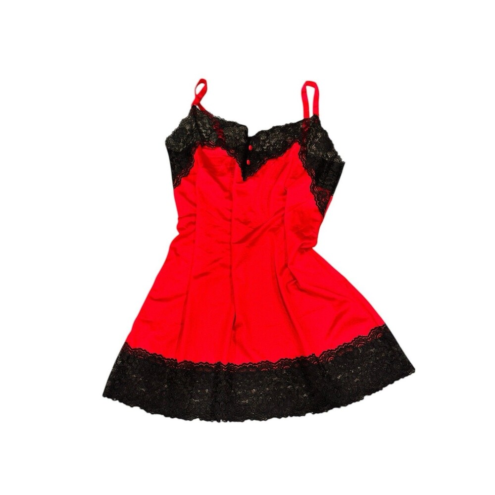 Vtg Avon Style Red Satin lace slip on dress‎ or  Night grown SzM  USA